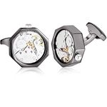 Mens Working Watch Movement Steampunk Stainless Steel Cufflinks Wedding Business Gift Present Black with Box