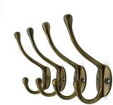 Vintage Cast Iron Wall Hooks (Antique Brass Finish, Set of 4) - Rustic, Farmhouse Coat Hooks | Great for Coats, Bags, Towels, Hats | Classic Slender