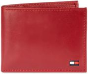 Tommy Hilfiger Men's Classic Logo Style Passcase Bifold Wallet with Multiple Card Slots and ID Window, Deep Red