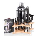 Quilamix 11-Piece Cocktail Shaker Set, 750 ml Stainless Steel Bartender Set with Bamboo Stand for Mixed Drinks, Gift for Friends, Men, Women, with Recipe Book (Grey)