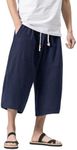 MAGNIVIT Men's Capri Pants Wide Leg Harem Baggy Pants Patchwork Linen Trousers Navy Blue 40