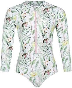 Tame the Sun Long Sleeve Girls Swimsuit - Rash Guard One Piece Bathing Suit - UPF 50+ Zipper Girls Swimwear (Jungle, 10)