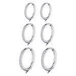 Bo Win 3 Pairs Stainless Steel CZ Cubic Zirconia Diamond Small Silver Hoop Earrings for Women Girls Huggie Hinged Hoop Earrings for Men Boys Set Cartilage Sleeper Hypoallergenic Piercings 8MM-12MM