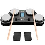 HXW PD405 Tabletop Electric Drum Set with 70 Electronic and Acoustic Drum Kit Sounds, Built-in Speaker, 4 Pads, 2 Pedals and Drum Sticks, Ideal Gift for Teens and Adult Beginners