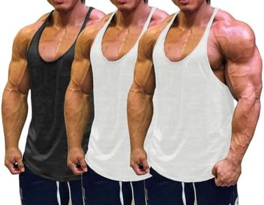 Muscle Cmdr Men's 3 Pack Stringer Tank Tops Bodybuilding Y-Back T-Shirts Gym Fitness Workout Training Running T-Shirts Athletic Quick Dry Top (2White&1Black M)