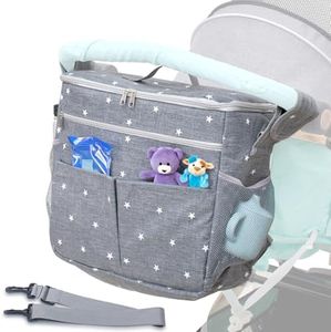 Enovoe Stroller Organizer Bag - Rectangular Removable Bag w/ Spacious Pockets - Grey Oxford Waterproof Fabric w/ White Stars - Easy Installation - 2-in-1 Stroller Baby Diaper Bag - Grey