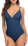 Charmo V Neck One Pieces Swimsuit Plunge Padded Monokini Bathing Suit High Cut Backless Swimwear Beach Wear Navy L