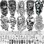 Shegazzi 62 Sheets Wolf Lion Skeleton Temporary Tattoos For Men Women Arm, 3D Realistic Tattoo Stickers For Adults Kids Neck, Black Scary Skull Halloween Vampire Fake Tatoos Snake Flower Compass