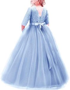 Flower Girls 3/4 Sleeve Deep V-Back Tulle Vintage Lace Wedding Party Long Dress Princess Communion Pageant Maxi Gown, Light Blue, 4-5 Years