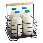 OKSERTA Milk bottle holder doorstep - Vintage milk minder with 4 reusable milk bottle tops included | Milk crate for your milk delivery - easy to carry and stylish looking on the kitchen countertop