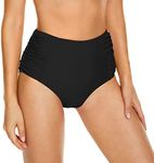 Annbon Women's High Waisted Bikini Bottoms Ruched Full Coverage Swimsuit Bottoms, Black, XL