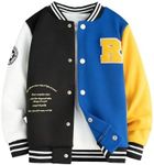 WDIRARA Boy's Color Block Letter Graphic Print Button Front Varsity Bomber Jacket Blue and Black 9Y