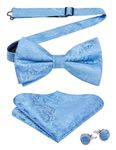 HISDERN Mens Bow Tie Light Blue Paisley Pre Tied Bow Tie for Men with Pocket Square and Cufflinks Wedding Formal Bowtie Handkerchief Set