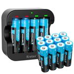 Kratax 1.5 V AA Rechargeable Lithium Battery, 3500 mWh High Capacity, Max 3A Current，1600 Long Cycles, 16 x AA Lithium Batteries with Black USB Charger, for Blink Camera VR/AR Headset Xbox Controller