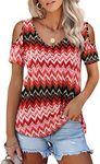 Amoretu Womens' Tops Shirts with Short/Long Sleeve Cold Shoulder, A:red Stripe, Medium