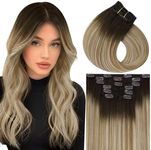 Vivien Clip in Hair Extensions Real Human Hair Brown Hair Extensions Clip in Balayage Chocolate Brown to Golden Brown and Platinum Blonde Clip in Human Hair Extensions 80g 7pcs #4/14/60 12inch