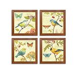 Painting Mantra Jardin Bird Framed Painting/Posters for Room Decoration, Set of 4 Brown Frame Art Prints/Posters for Living Room (4 Unit, 9 x 9 Inches)