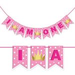 Wobbox First Birthday Party Bunting Banner (I Am One) Pink Star, Party Decoration Set of One, Pre-Strung