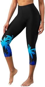 ATTRACO Womens Swim Capris High Wasited Printed Swim Pants Tummy Control Swimwear Black Blue L