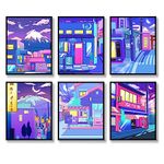 Japanese Wall Art Prints Set of 6 Neon Posters Abstract Anime Illustration Wall Decor Japan Streets in the Night Sky Fuji Picture Photo Fashion Canvas Art Painting for Living Room Bedroom Wall