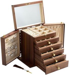 YANSHING 6-Layer Black Walnut Wooden Jewelry Box with Lock and Key, Large Luxury Jewelry Organizer Box for Women, Ideal Christmas Gift for Wife, Mom or Her, Earring & Necklace Storage with Ring Trays