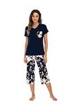 Famulily 3/4 Women's Pyjamas Cotton Floral Pajamas Set Sleepwear Loungewear Set Blue S