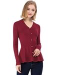 Allegra K Women's Peplum Sweater Ribbed V Neck Long Sleeve Knit Peplum Tops Burgundy XX-Large