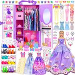 91pcs 11.5 inch Girl Doll with Clothes Accessories and Closet, Princess Gowns, Fashion Dresses, Outfits ,Swimsuits, Shoes, Hangers, Doll Dress up toys for Girls Kids Toddlers Toy Gifts (Include Doll)