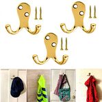 TERF® Polished Brass Twin Wall Mounted & Door Hooks Hat Coat Robe Hooks For Bathroom Bedroom Kitchen Office Door Hooks with Fixing Screw - Pack of 3