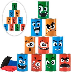 ArtCreativity Halloween Carnival Bean Bag Toss Game - Halloween Party Game with 10 Tin Cans and 3 Bean Bags - Indoor and Outdoor Party Activity for Kids - Tossing Game for Kids 3 and Up