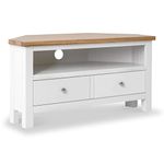 RoselandFurniture Farrow White Corner TV Stand Unit 90 cm Painted Solid Wood Light Oak Top Television Cabinet Suitable for TVs up to 40 inches for Living Room or Bedroom | Fully Assembled