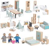 Giant bean Wooden Dollhouse Furniture Set, 36pcs Furnitures with 4 Family Dolls, Dollhouse Accessories Pretend Play Furniture Toys for Boys Girls & Toddlers 3Y+