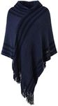 Ferand Women's Hooded Zigzag Striped Knit Cape Poncho Sweater with Fringes, One size, Navy blue