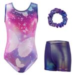 ESHOO Gymnastics Leotards for Girls Sparkly Shiny Ballet Dance Unitards with Shorts Sleeveless Biketards Practice Activewear (Dark Purple,7-8 Years)