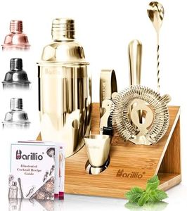 Gold Elite Mixology Bartender Kit Cocktail Shaker Set by Barillio: Golden Drink Mixer Set with Bar Tools, Sleek Bamboo Stand, Velvet Carry Bag & Recipes Booklet Small Bartender Kit Gold