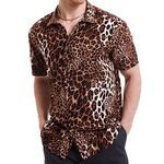 UPAAN Men's Leopard Printed Disco Shirts Short Sleeve Button Down Casual Shirt, Brown, X-Large