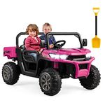 Costzon Ride On Dump Truck with Remote Control, 12V Electric Kids UTV w/Electric Dump Bed, Rocking Function, Shovel, 4 Spring Suspensions, Wireless Design, 2-Seater Ride on Car Gift for Kids (Pink)