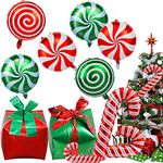 19Pcs Christmas Foil Balloons, Large Candy Cane Swirl Mylar Balloons with Ribbons, Red Green Balloons Present Box for Xmas Birthday and Candies Theme Party Decorations