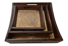 RAMRAJ COTTON Ramraj Wooden Premium Handcrafted Brass Fitted Serving Tray Set Of Three (Size'S, 12X16, 10 5X13, 8X11 Inches) Rectangular