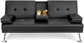 DORTALA Faux Leather Convertible Sectional Sofa Bed, Morden Folding Convertible Futon w/Cup Holders & Armrests Black, Multifunctional Upholstered Guest Sofa Bed for Living Room, Office, Apartment, Black