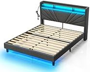 Rolanstar Queen Size Bed Frame, Storage Headboard with Charging Station and LED Lights, Upholstered Bed with Heavy Duty Wood Slats, No Box Spring Needed, Noise Free, Easy Assembly, Dark Grey