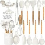 Umite Chef Kitchen Cooking Utensils Set, 33 pcs Non-stick Silicone Cooking Kitchen Utensils Spatula Set with Holder, Wooden Handle Silicone Kitchen Gadgets Utensil Set (Cream White)