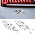 2pcs Jesus Fish Decal Sticker, 3D Faith Fish Emblem Sticker, Car Chrome Decal Emblem Sticker, Christian Fish Symbol Decal for Vehicle Decoration (Silver)