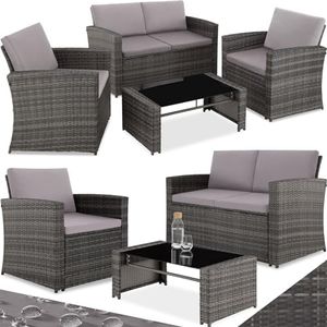 TecTake® Conjunto Jardín de Ratán y Acero, Muebles Jardín Exterior, 2 Sillones, 1 Sofá, 1 Mesa con Cristal, Conjunto Terraza Resistente a Intemperie, con Cojines, Fundas Extraíbles - Gris/Gris Claro