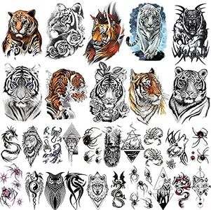 30 Sheets Large Colorful Tiger Temporary Tattoos for Men Women Realistic Tiger Temporary Tattoo Stickers for Adults 3D Fake Wolves Spider Scorpion Animals Tatoos