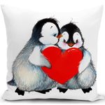 KUNQIAN Penguin Cushion Cover Wedding for Him Her Couple Boyfriend Girlfriend Engagement Birthday Mothers Day Decorations Heart Cute Pillow Case Valentine's Day Decor for Sofa 18"X18"