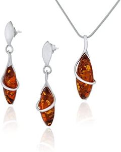 AMBEDORA Small Women's Jewellery Set Marquise 925 Sterling Silver Finish Shiny Cognac Baltic Amber Pendant with Necklace and Earrings, Sterling Silver, Amber