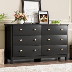 HOUROM Black Dresser for Bedroom, Modern 6 Drawer Double Dresser for Kids with Gold Pulls, Dressers & Chests of Drawers, 6 Drawer Dressers