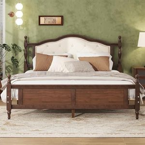 Living Source International Queen Pine Wooden Bed with Upholstered Headboard and Panel Footboard, with Two Bed Rail Support Feet and Central Platform Support Feet,Walnut