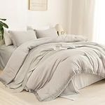 Litanika Linen Grey Comforter Queen Set, Boho Tassel Comforter Aesthetic 3 Pieces, Lightweight Fringe Microfiber Bedding Set for All Season(1 Comforter 90x90 inch, 2 Pillowcases)